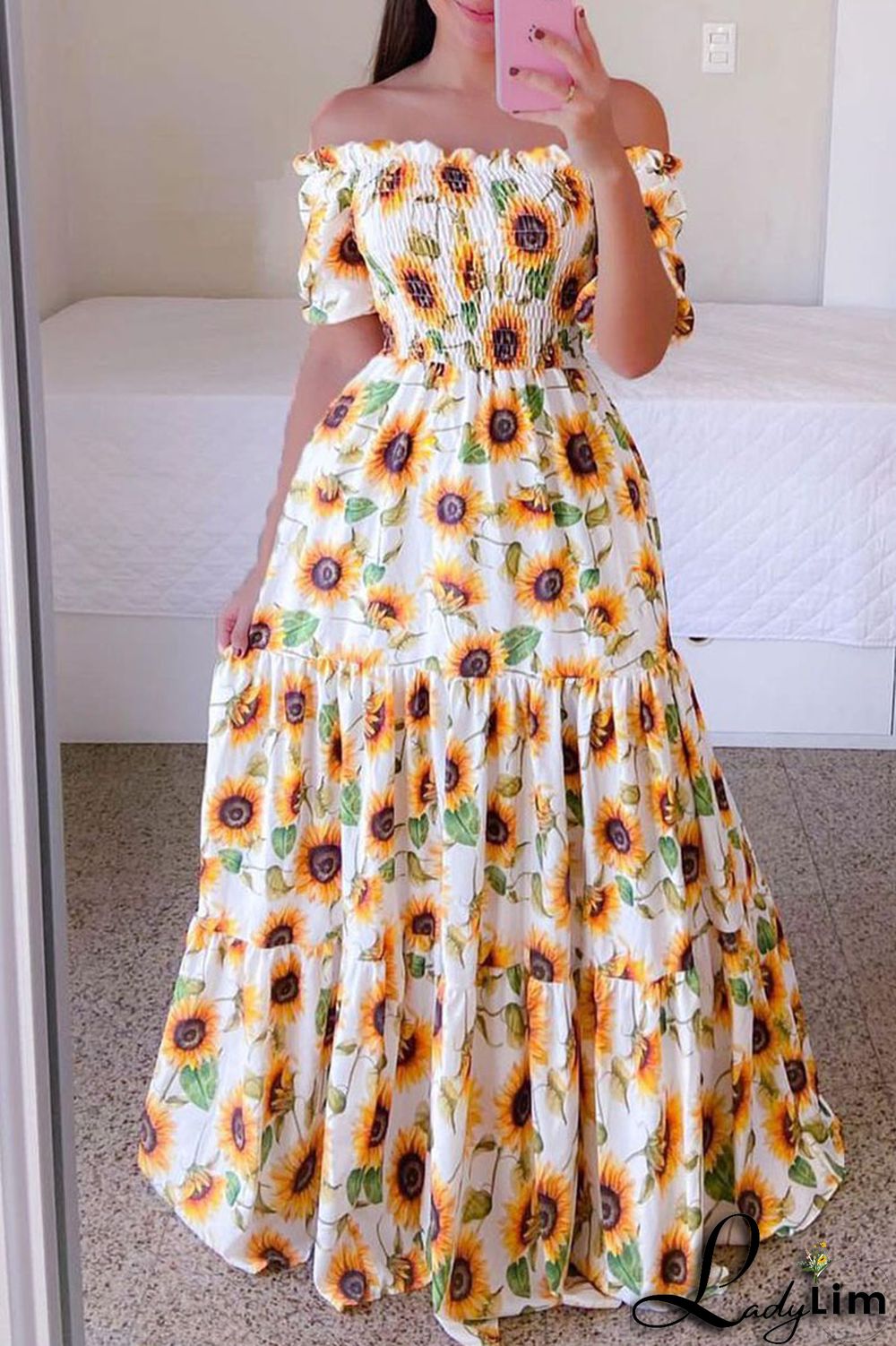 White Casual Sweet Print Split Joint Fold Off the Shoulder Printed Dress Dresses