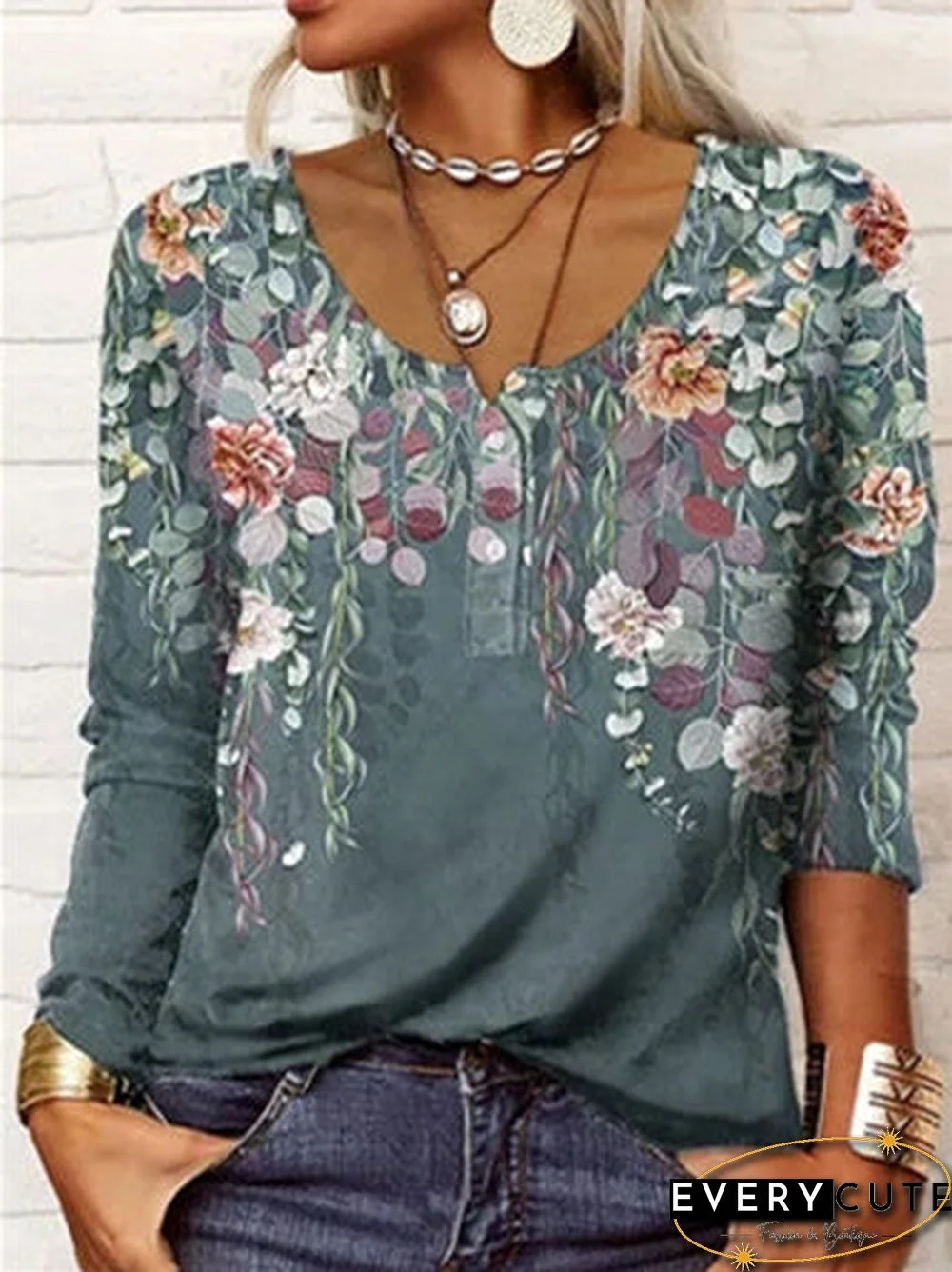 Women's Scoop Neck Long Sleeve Floral Printed Tops