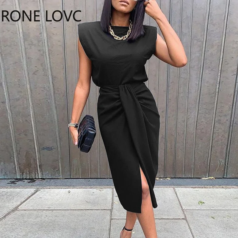 Women Sold Sleeveless Top & Slit Twisted Midi Skirt Set Elegant Fashion Chic Dress 515-1