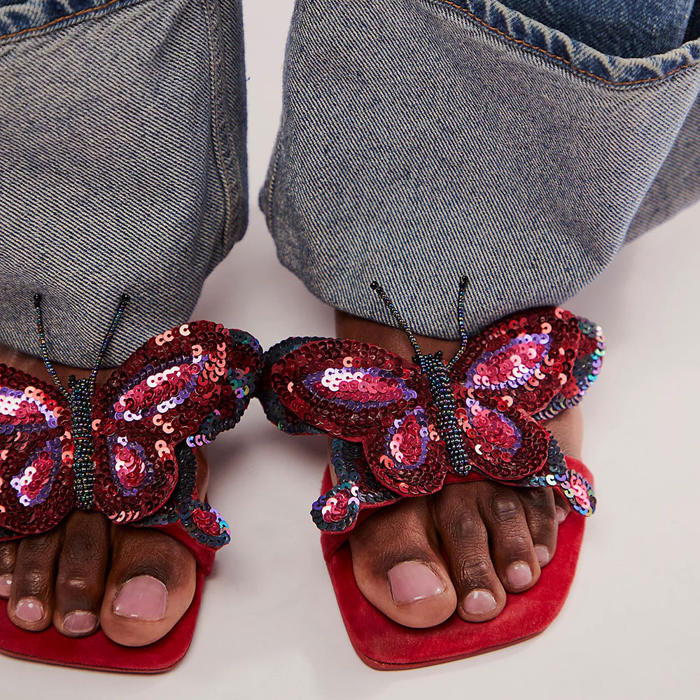 Red Glittery Sequined Square Toe Flat Butterfly Stylish Slippers Nicepairs