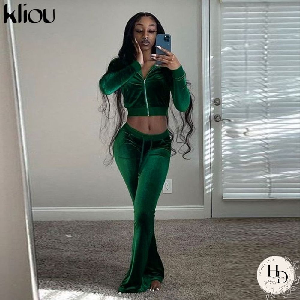 Kliou Solid Velour Two Piece Set Women Simple Casual Zipper Long Sleeve Turtleneck