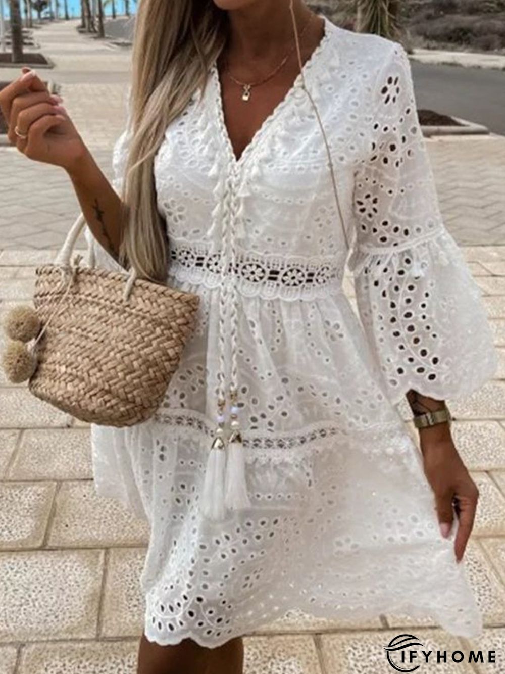 Plain Tassel V Neck Vacation Lace Hollow out Dress | IFYHOME