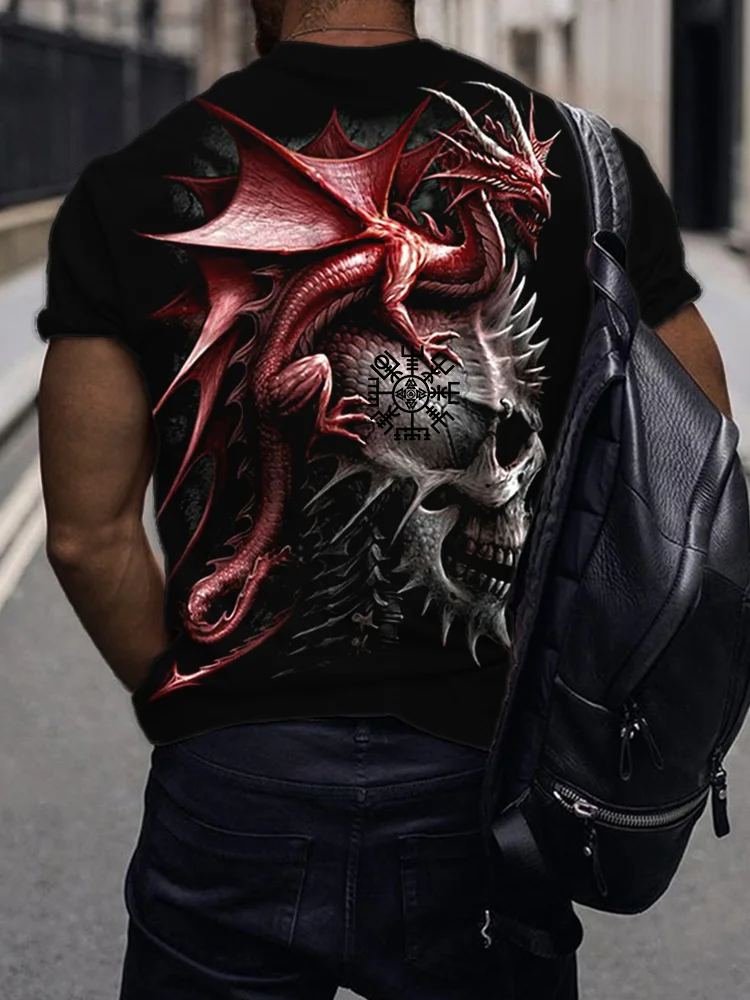 BrosWear Men's Viking Vegvisir Dragon & Skull Graphic T Shirt