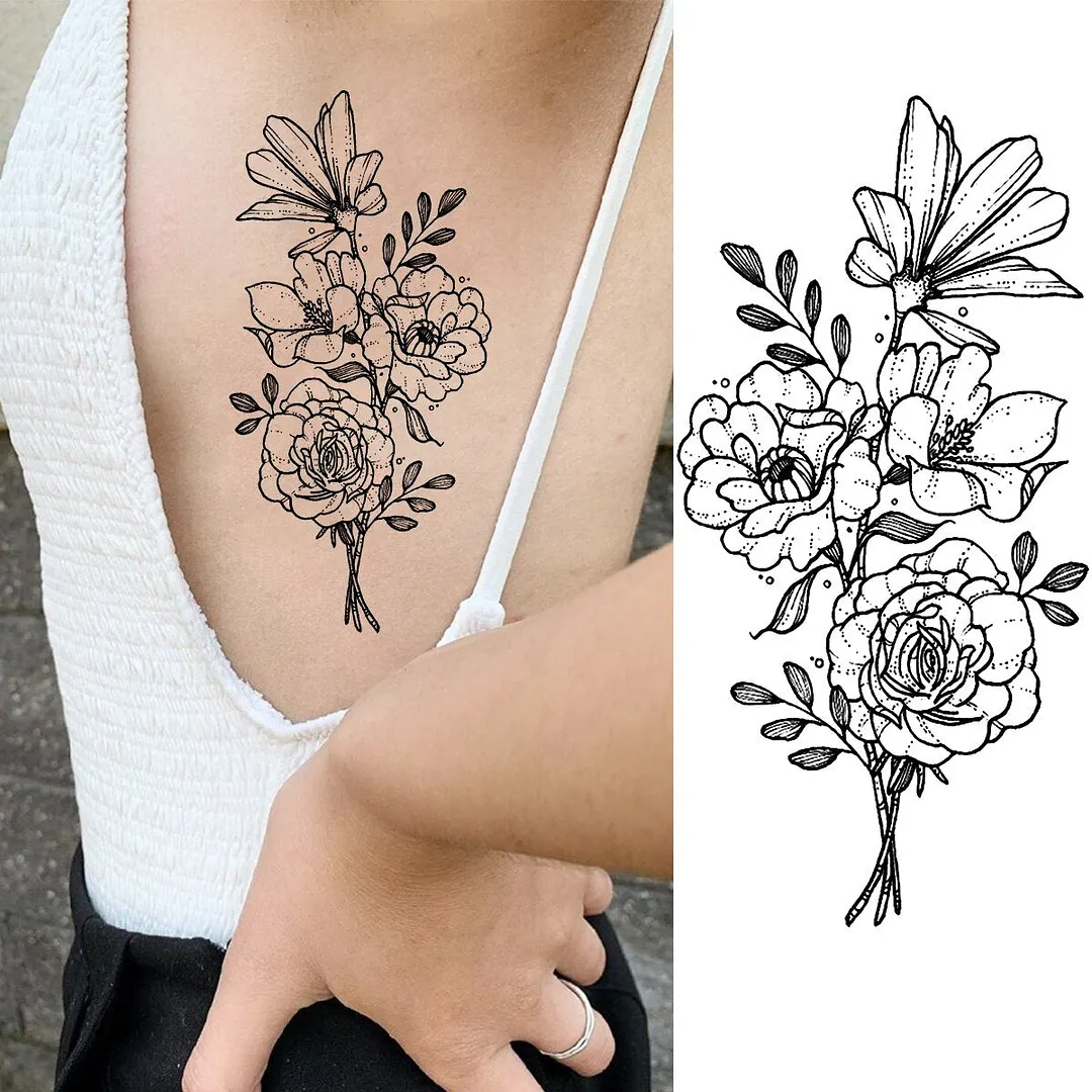 3D Black Jellyfish SunFlower Temporary Tattoos For Women Adult Rose Peony Moon Fake Tattoo Waterproof Body Art Tatoo Decal