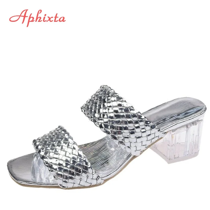 Aphixta 2022 New Summer Women Slides Design Slippers Sandals Braided Cord 7cm Transparent Heels Shoes Female Big Size 44 45 46