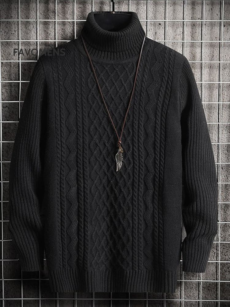 Men’s Turtleneck Sweater Twill Youth Solid Color Warm Black / M