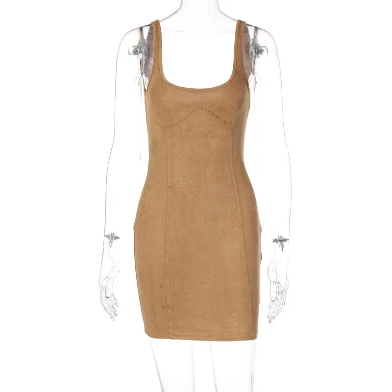 Solid Velvet Women Square Neck Slip Sleeveless Bright Line Decoration Mini Dress 2023 Streetwear Outfit