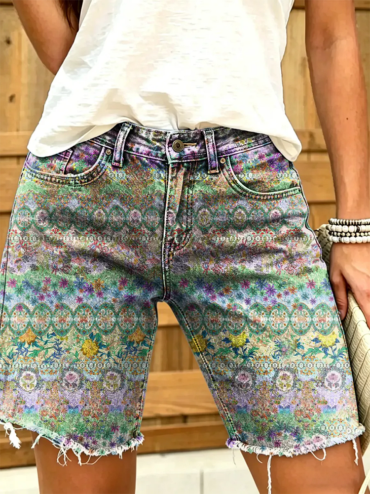 Women's Vintage Floral Print Denim Shorts