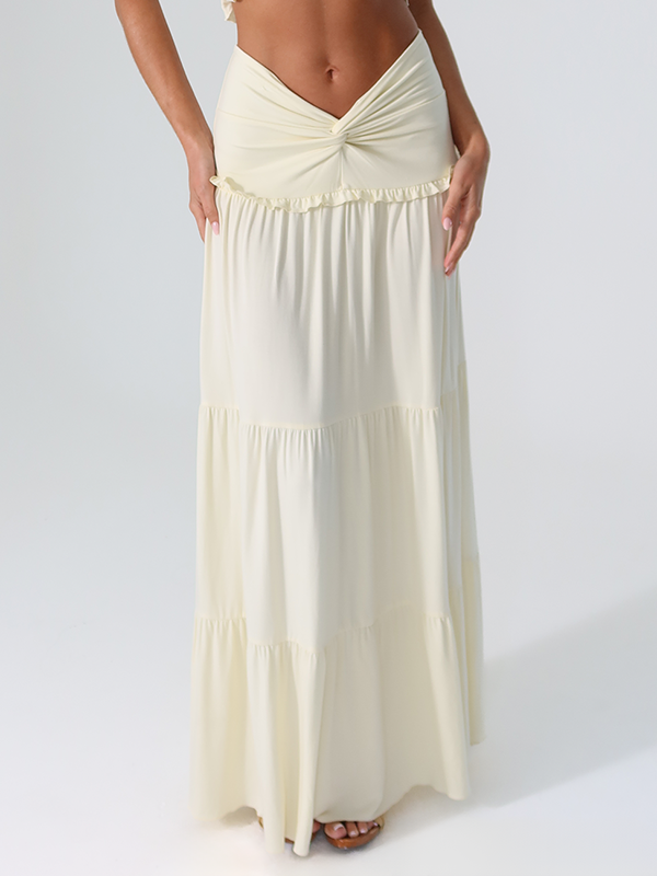 Front Twist Pleated Wide Waist Solid Color Maxi Skirt