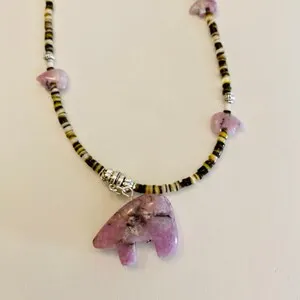 pornhint Pornhint Zuni Fetish Carved Bear Beaded Necklace in Lepidolite purple
