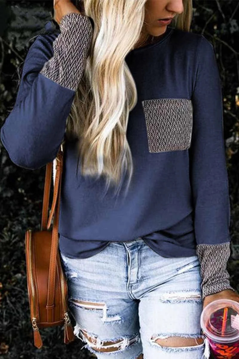 Loose Round Neck Stitching Striped Pockets Tops(4 Colors)