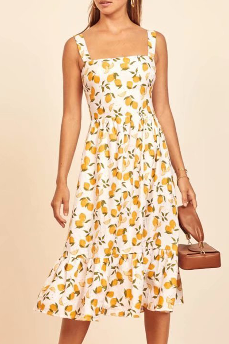 Elegant Print Split Joint Flounce Square Collar A Line Dresses
