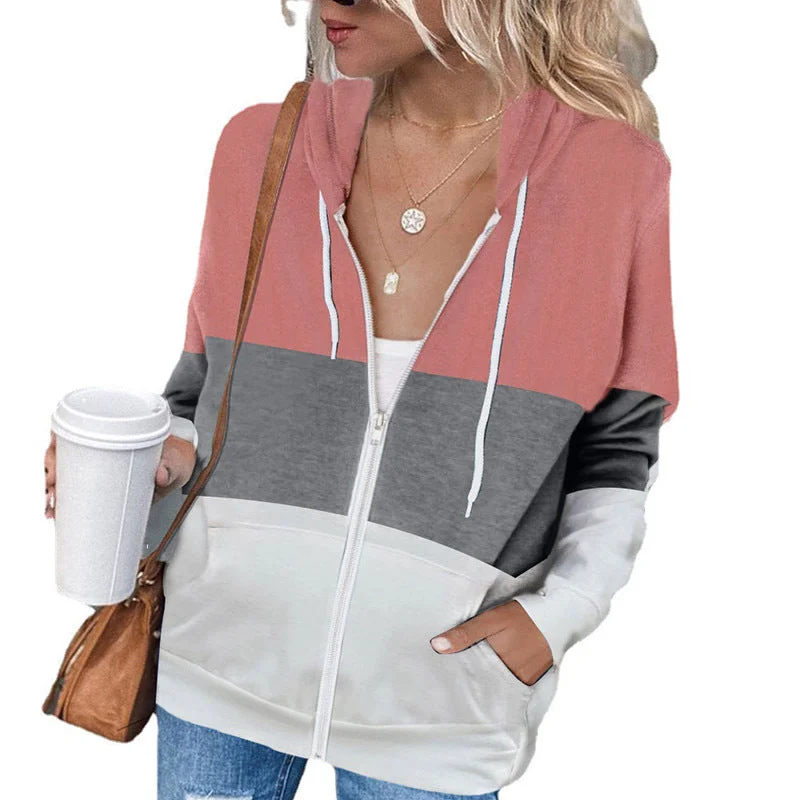 Uveng Sleeve Color Hooded Sweatshirt Women's Cotton Blend Zipper Pocket Cardigan Jacket