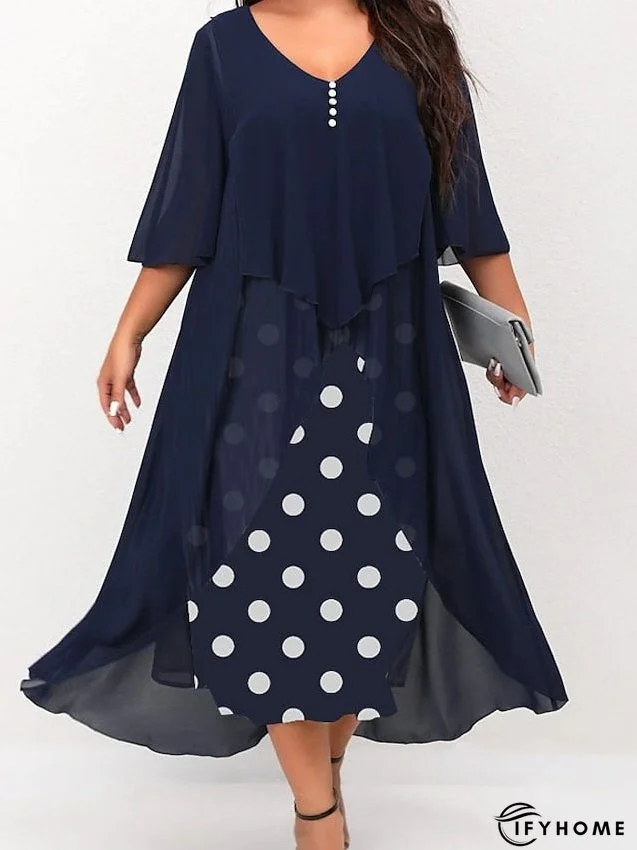 Plus Size Holiday Dress Polka Dot V Neck Layered 3/4 Length Sleeve Spring Fall Elegant Maxi long Dress Formal Party Dress for Women | IFYHOME