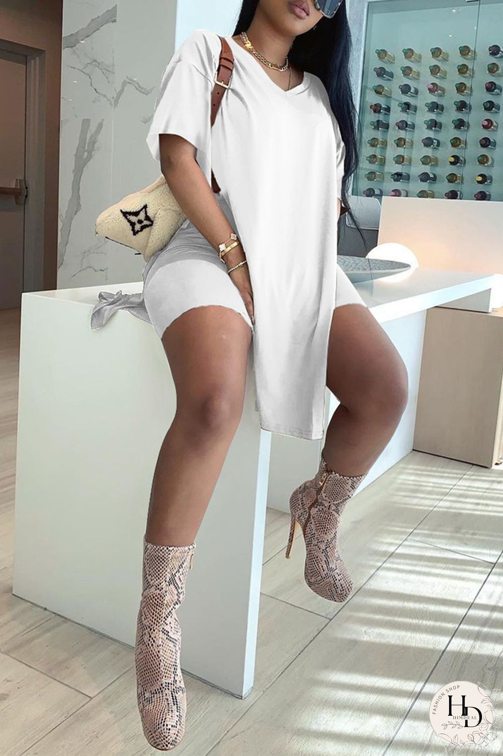 Coffee Fashion Casual Solid Slit V Neck Short Sleeve Two Pieces