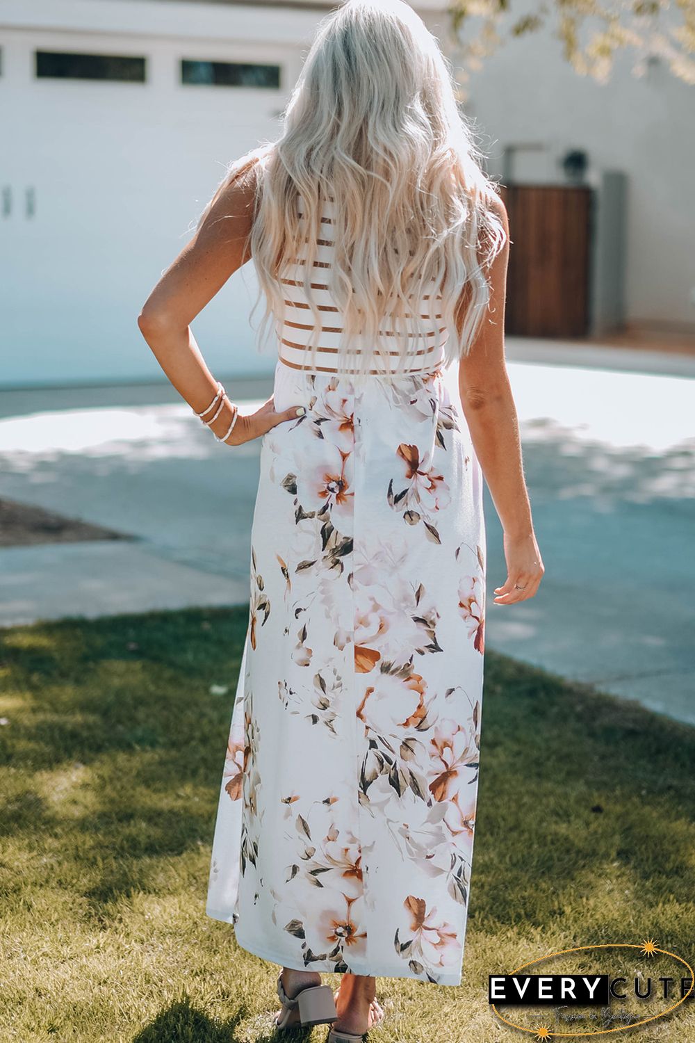 White Striped Floral Print Sleeveless Maxi Dress with Pocket