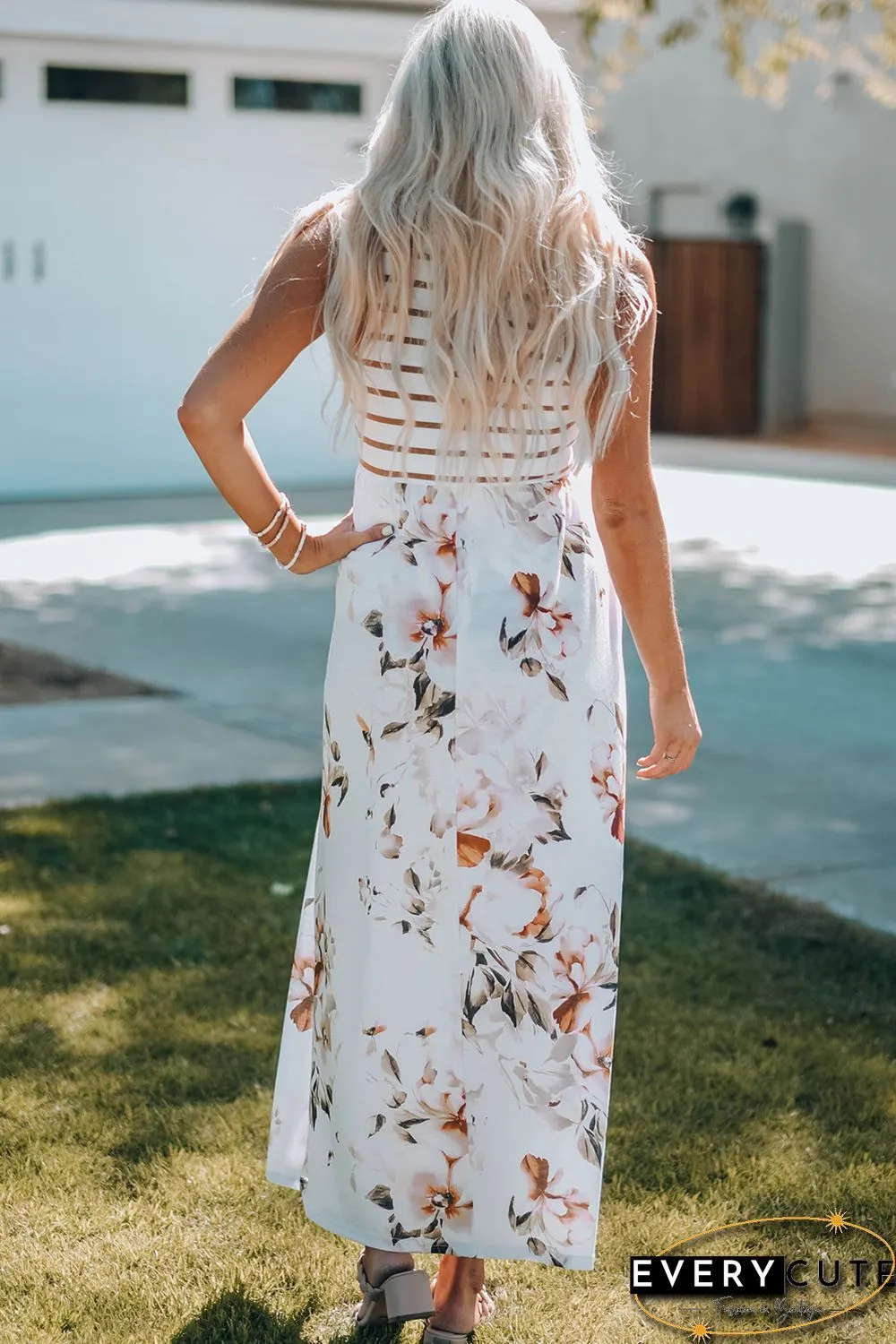 White Striped Floral Print Sleeveless Maxi Dress with Pocket