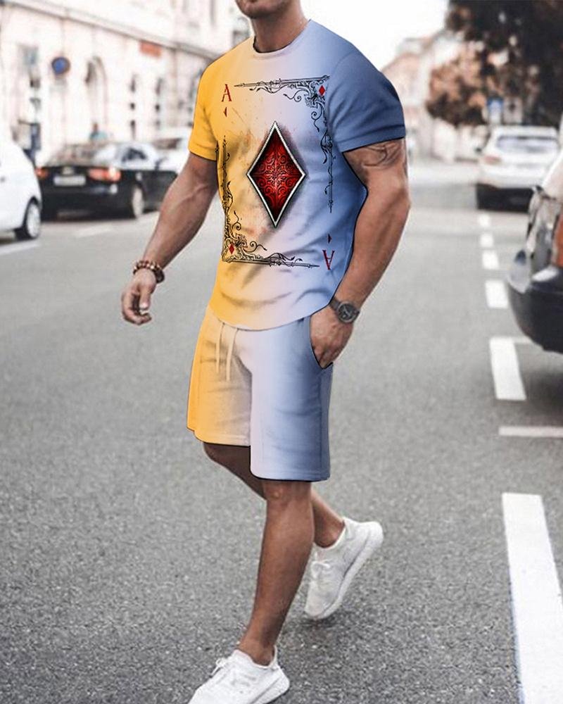 Men's Fashion Split-joint Poker Printed Shorts Suit