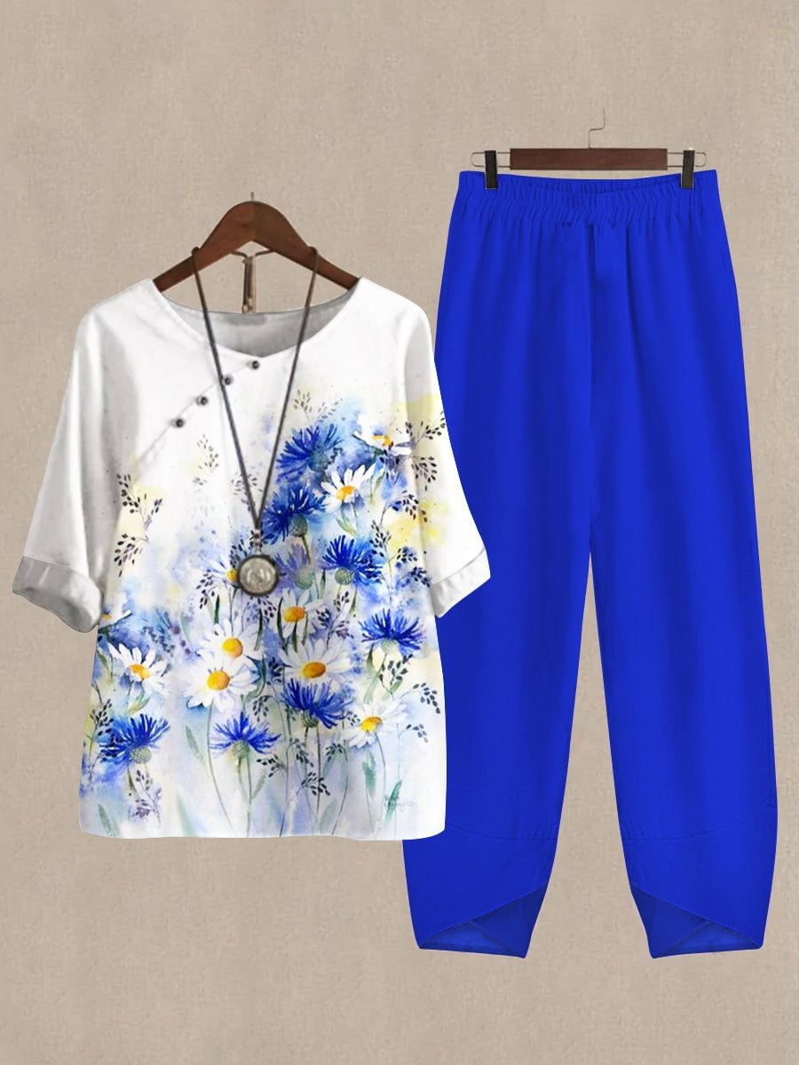 Women's Floral Print Half Sleeve Top And Casual Pants Two Pieces