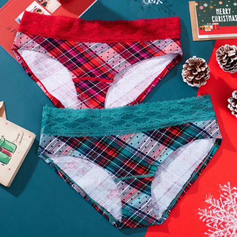 2PCS/Set Women Panties Sexy Underwear Christmas Style Cotton Panties Briefs Lace Pantys Female Lingerie Grid Green Red Color