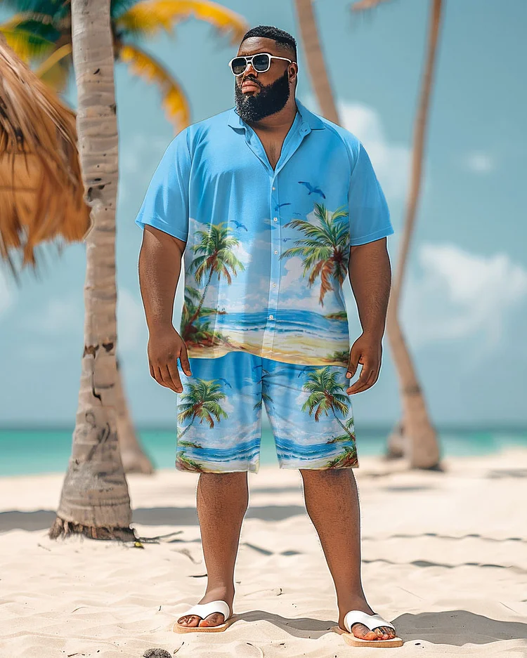 Men's Plus Size Hawaii Beach Plant Print Shirt Shorts Suit