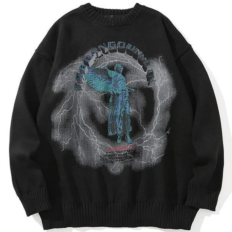 Aonga Hip Hop Knitted Men's Sweater Male Angel Lightning Printed Streetwear Autumn Winter Oversized Casual Pullover Sweaters