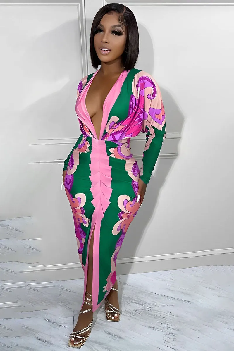 Slit v neck solid irregular ruched cami maxi dress main image 1