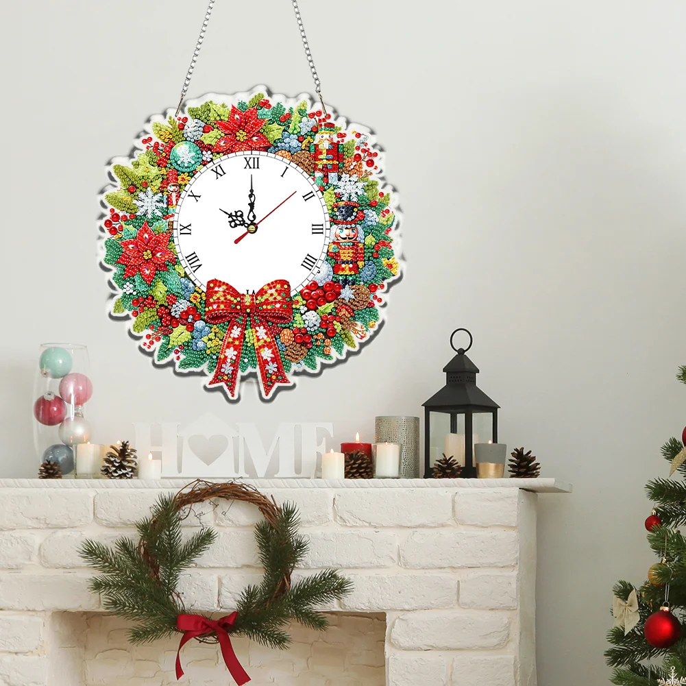 2D Flat DIY Christmas Wreath Acrylic Diamond Painting Clock Pendant Home Decor