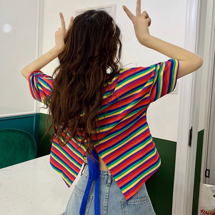 Rainbow Stripe Colorblock Split Lace Up T-Shirt  - Modakawa modakawa