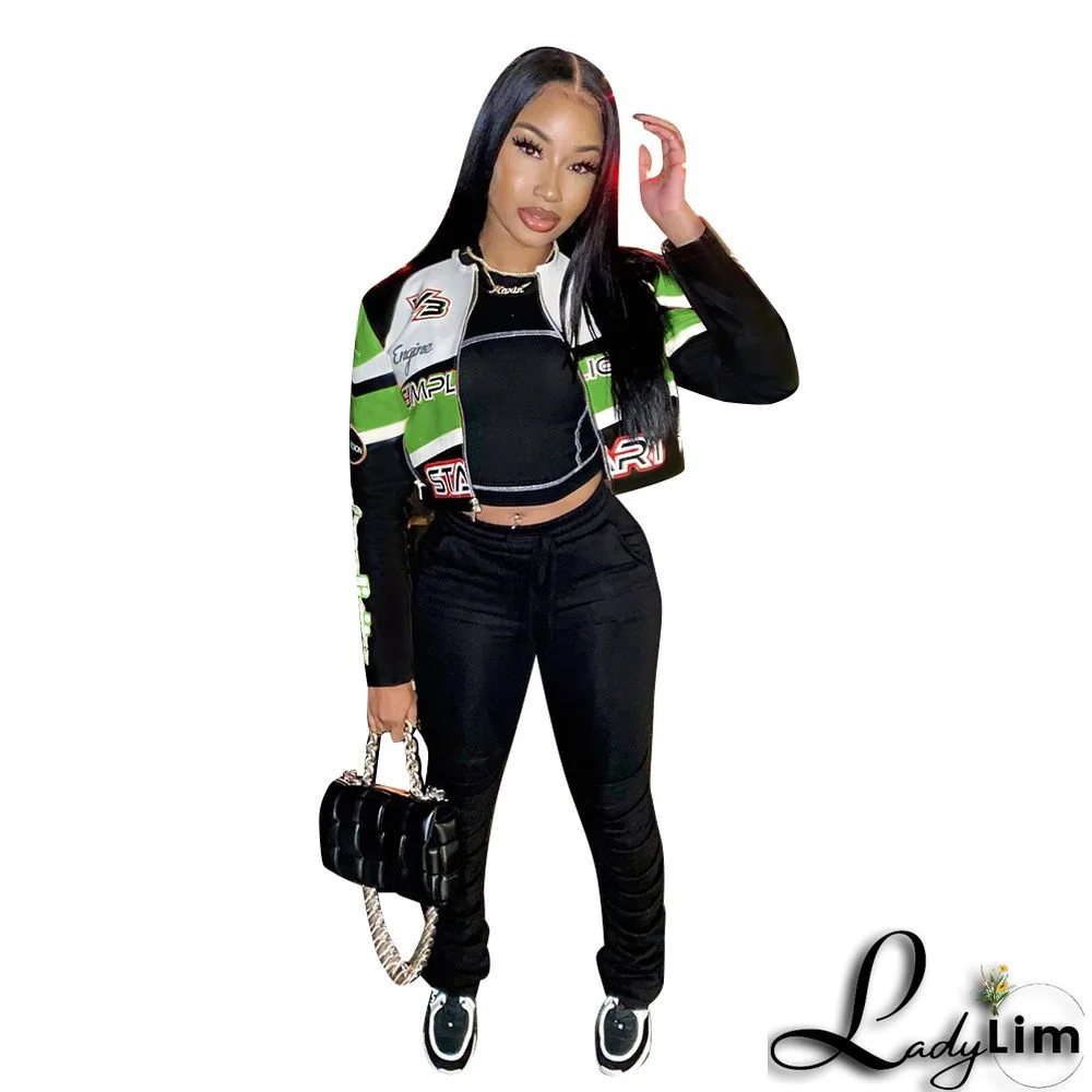 Women Round Neck Letter Print Long Sleeve Jacket