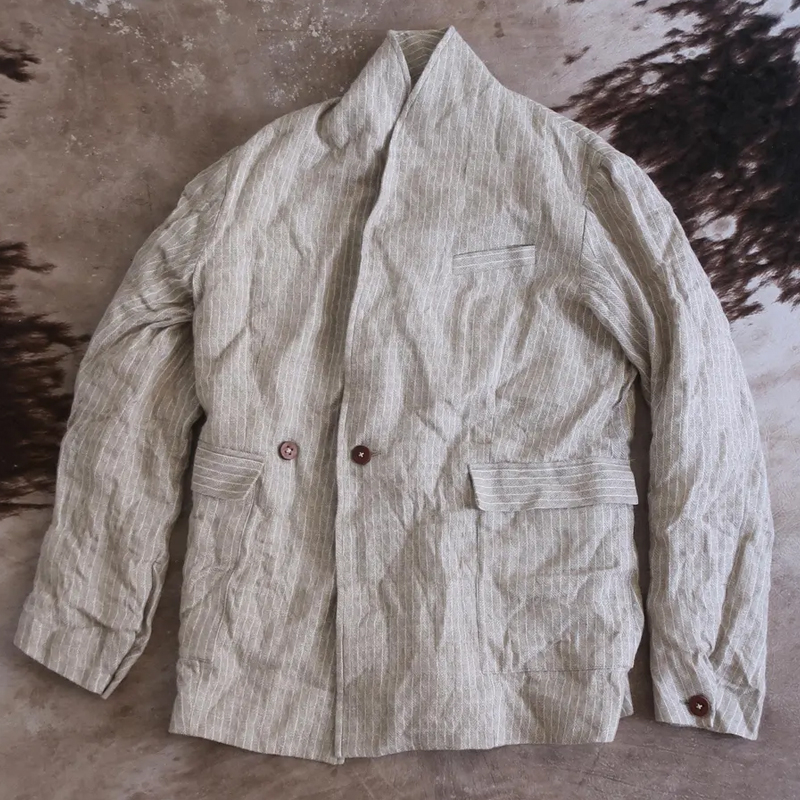 Vintage Men's Ivory Striped Linen Blend Basic Jacket