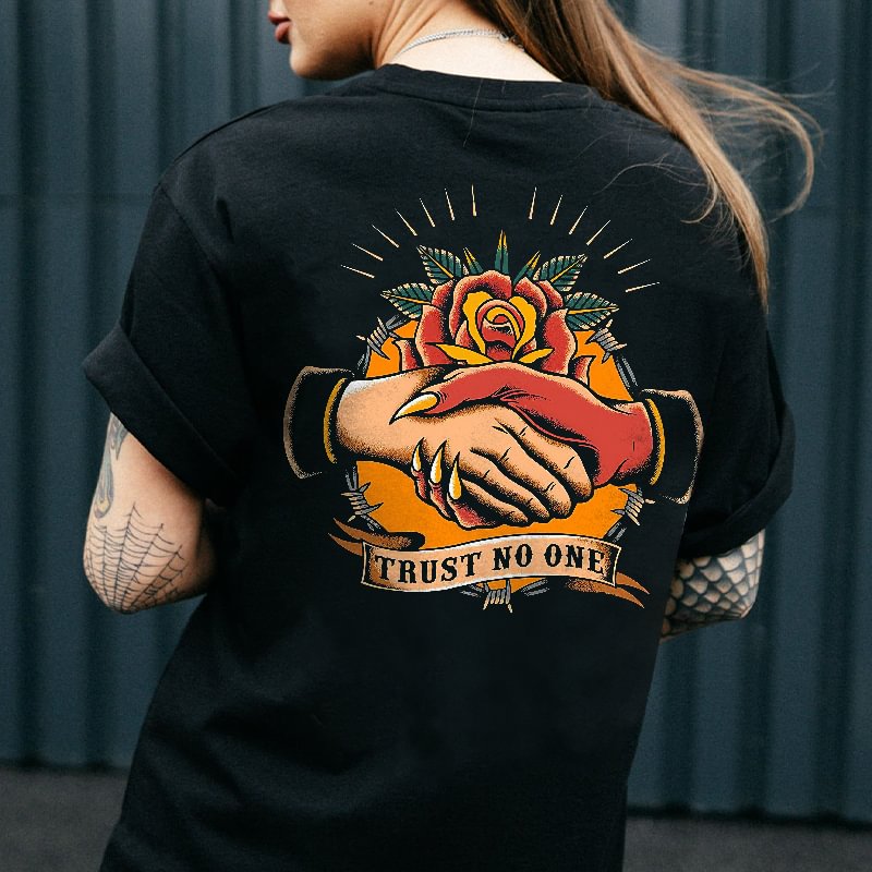 Shake Hand With Devil Trust No One Print Women’s Tee - Krazyskull