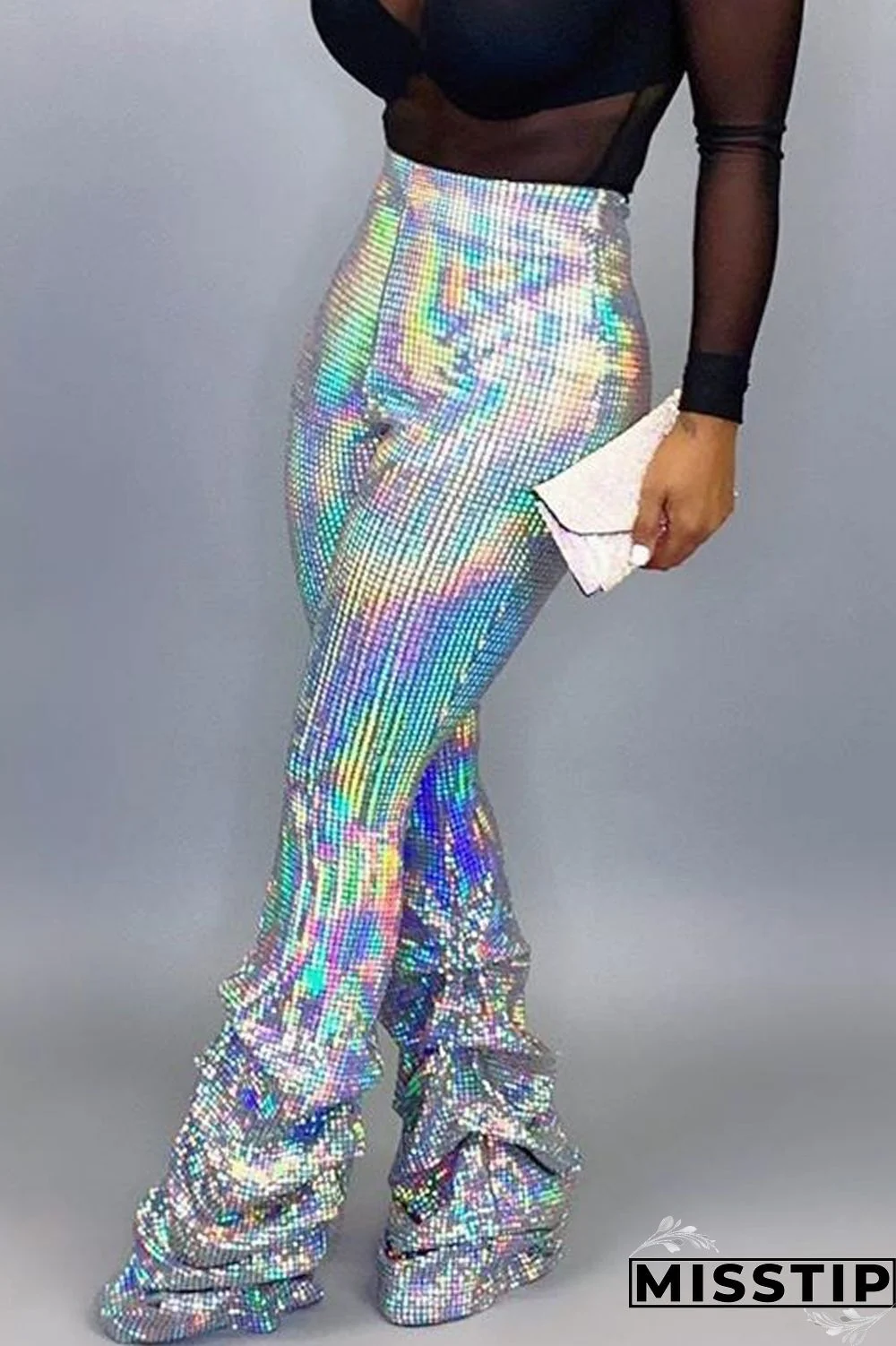 Silver Casual Solid Fold Regular High Waist Trousers