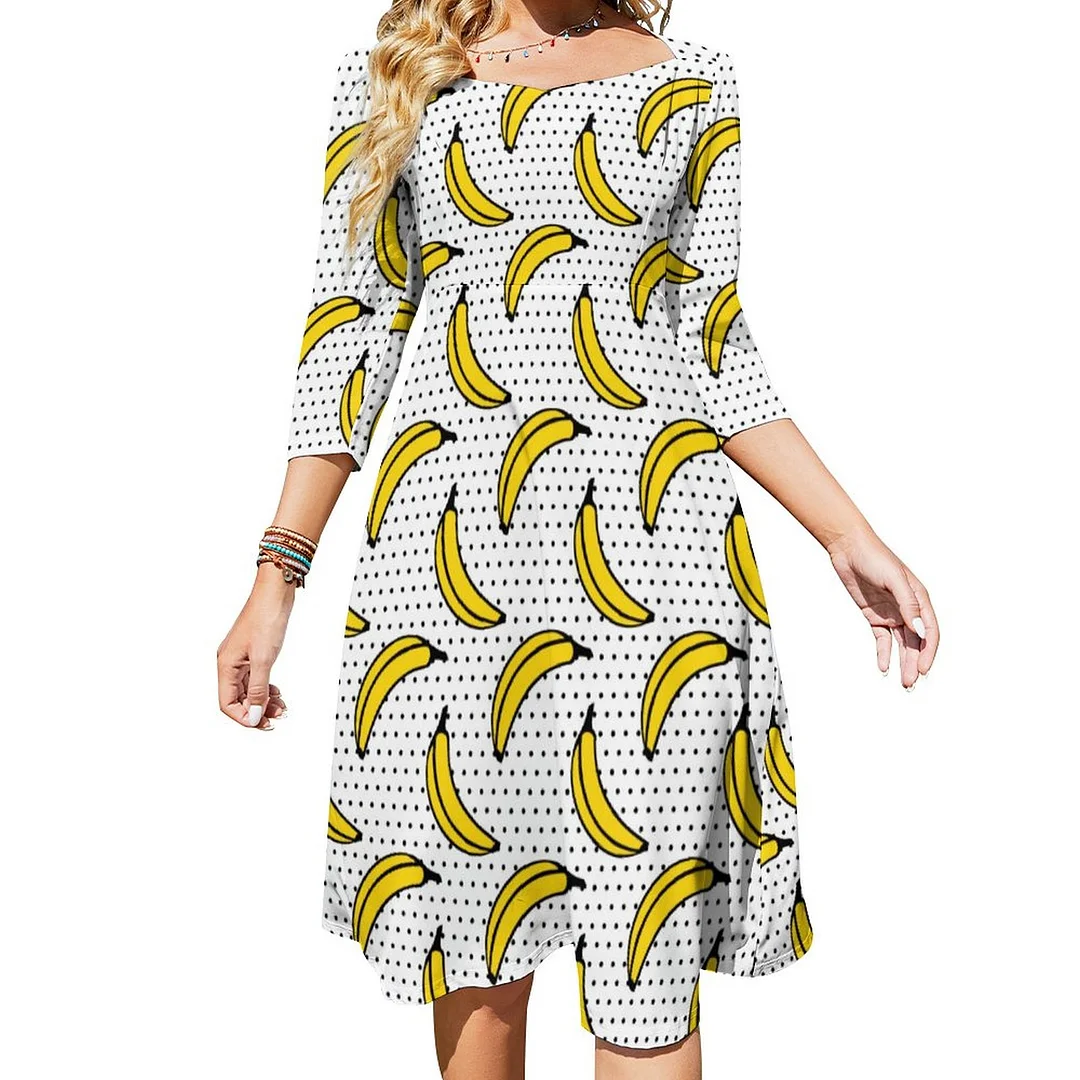 Polka Dot Banana Print Dress Sweetheart Tie Back Flared 3/4 Sleeve Midi Dresses