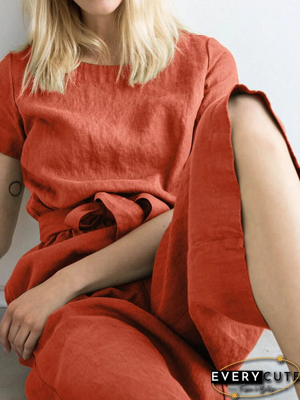 Solid Pocket Short Sleeve Wide Leg Jumpsuit With Belt