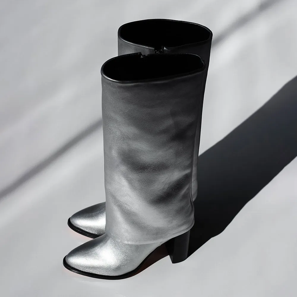 Women's Silver Closed Toe Chunky Heel Knee High Fold Over Boots