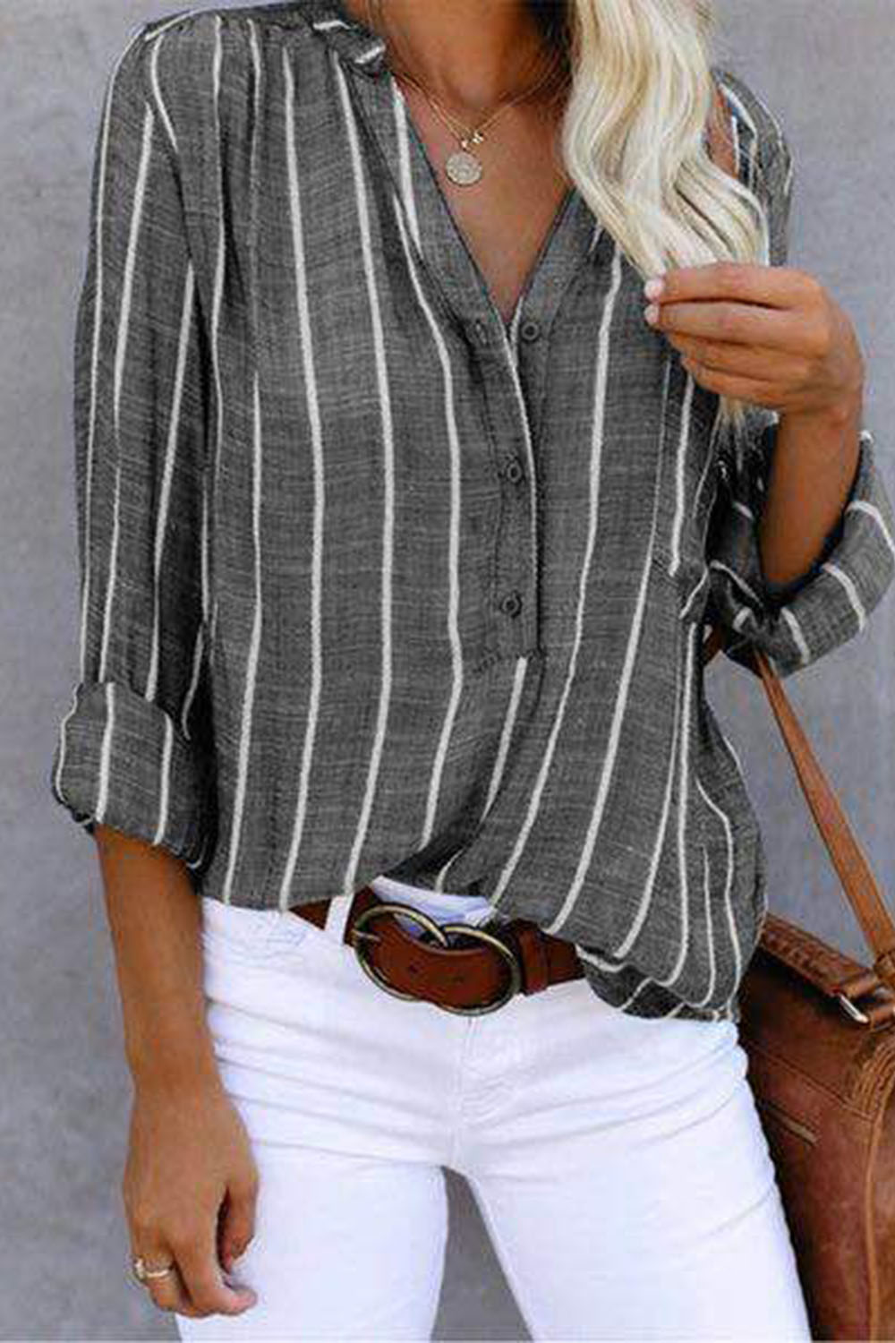 Plus Size Everyday Dark Gray Stripe Print Pocket Half Button Long Sleeve Blouse 2024 - Flycurvy 