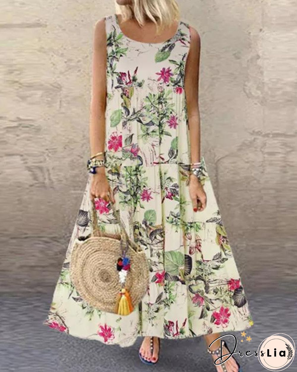Retro Floral Cotton Maxi Dress