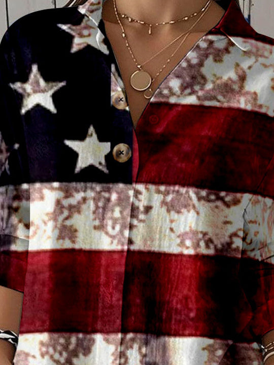 Women 3/4 Sleeve Shirt Collar National Flag Printed Graphic Button Tops