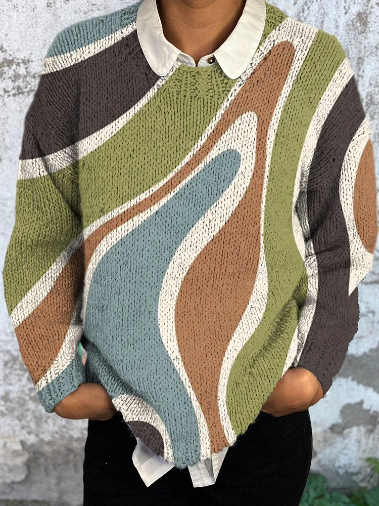 Groovy Swirl Pattern Printed Knit Pullover Sweater