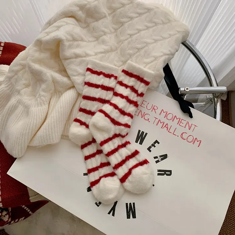 Red Striped Cashmere Blend Warm Mid Calf Socks