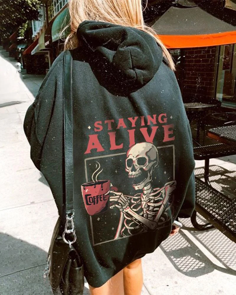 Women's skeleton staying alive print designer hoodie