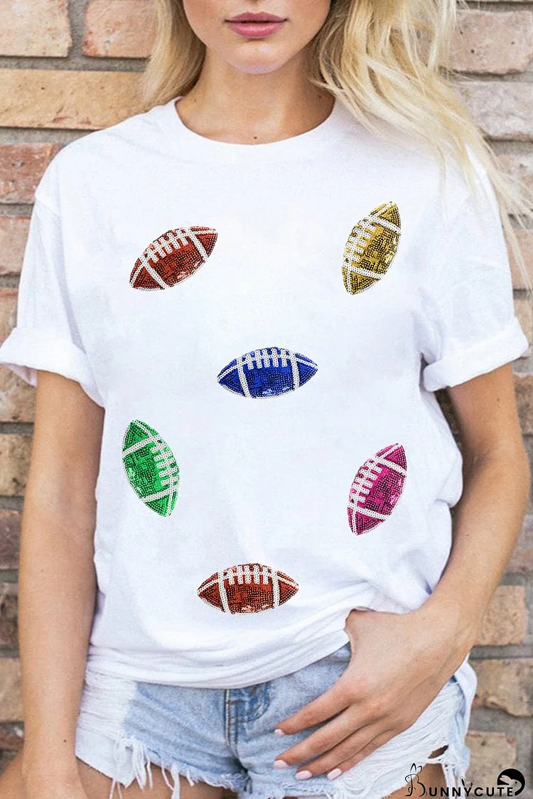White Sequin Rugby Football Pattern Crewneck T Shirt