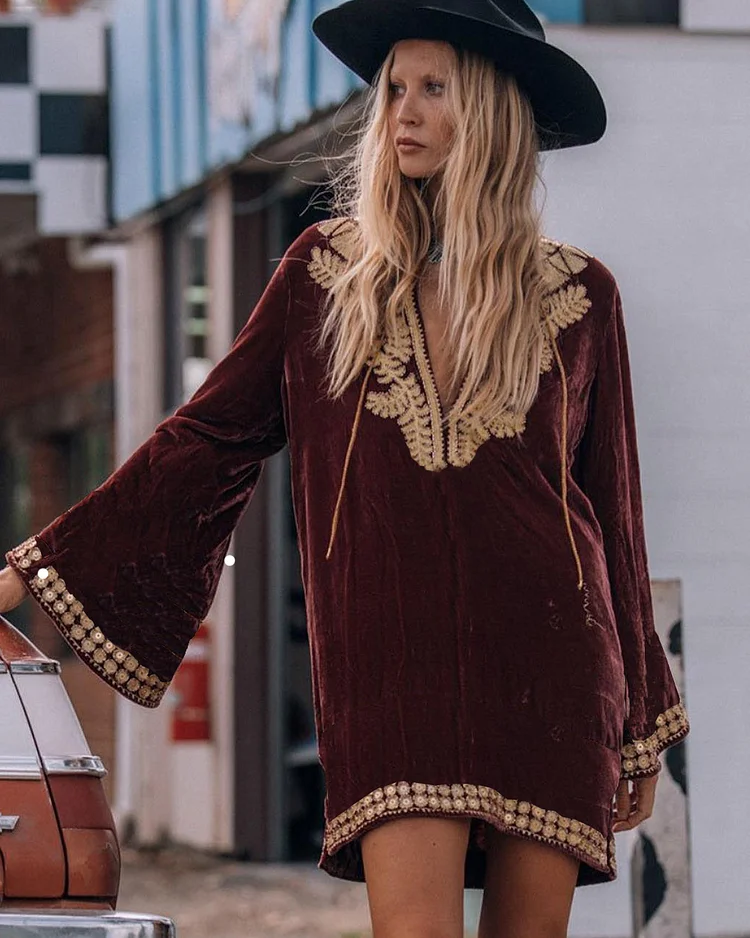 V-neck velvet hippie dress