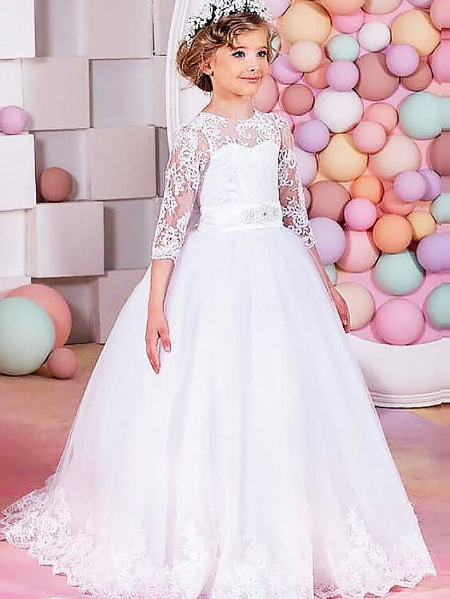 Oknass  Ball Gown Half Sleeve Jewel NeckFlower Girl Dresses Lace Tulle  With Sash Ribbon Bow Solid