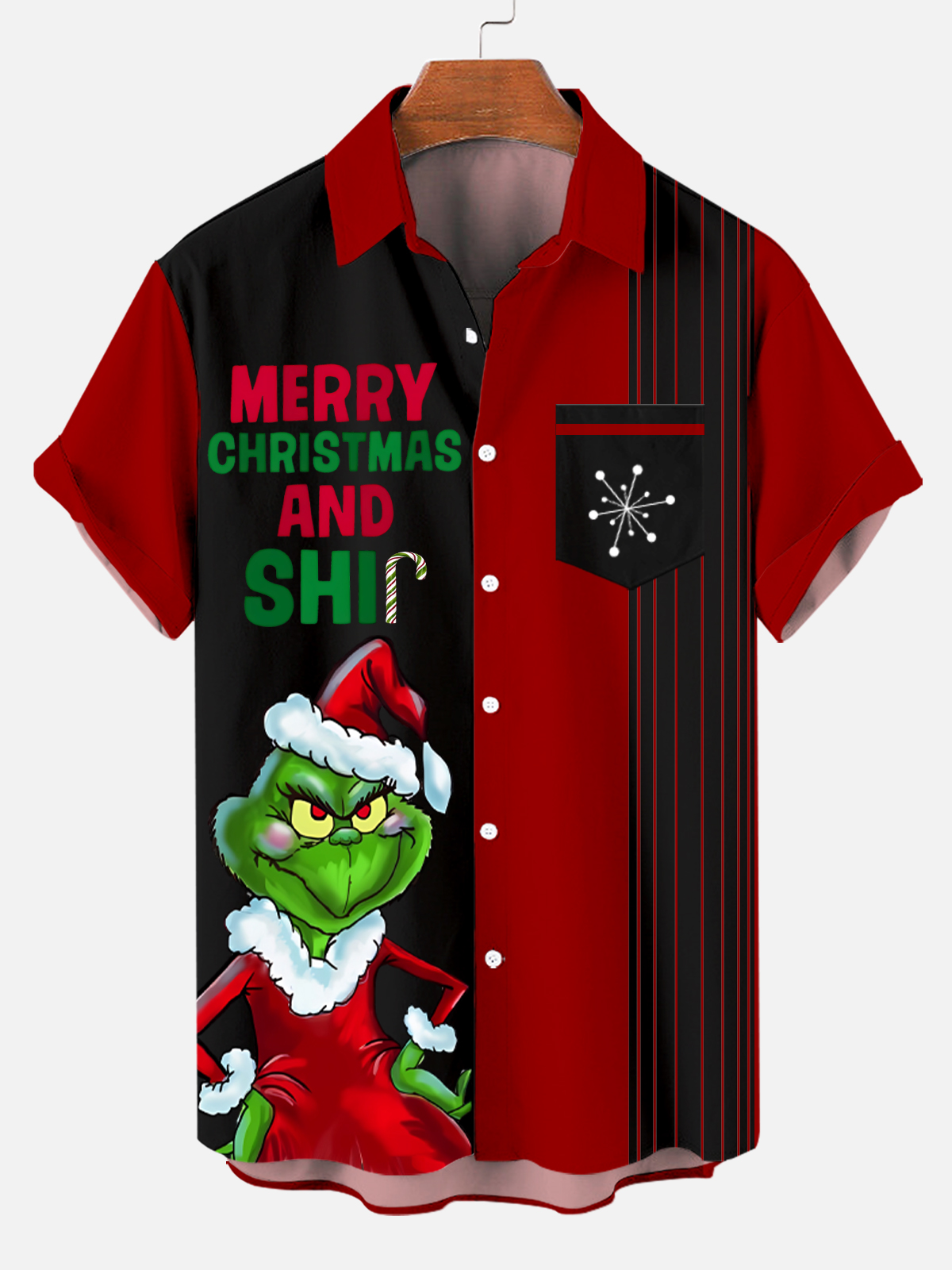 Men's Cartoon Christmas Green Furry Monster Contrast Color Short Sleeve Striped Shirt PLUSCLOTHESMAN