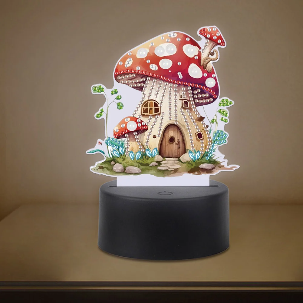 5D DIY Acrylic Mushroom House Double Sided Diamond Painting LED Night Light for Adults