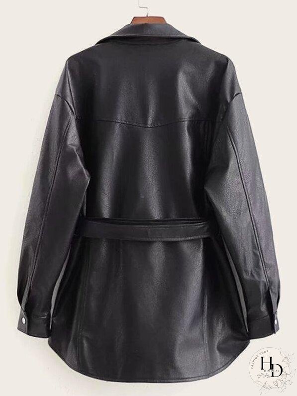 Button Front Flap Pocket Belted PU Coat for Women