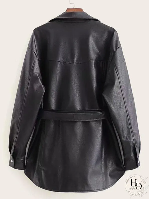 Button Front Flap Pocket Belted PU Coat for Women