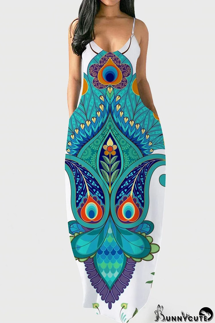 Light Blue Fashion Sexy Print Backless Spaghetti Strap Long Dress